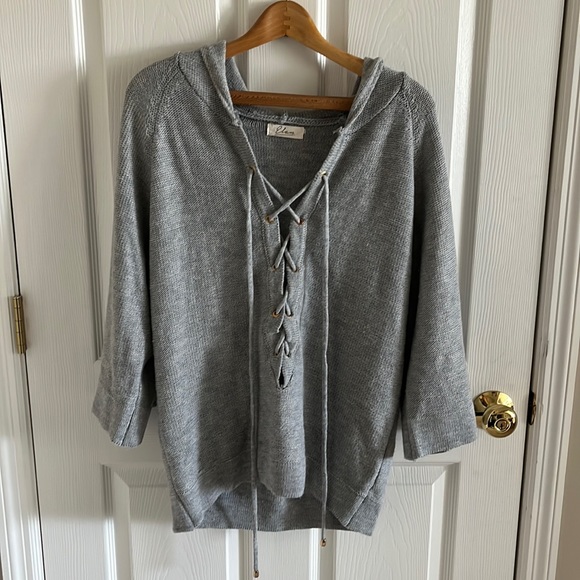 Elan Sweaters - Elan Womens Lace Up Hoodie Sweater Size Small Gray 3/4 Sleeves Oversized BOHO